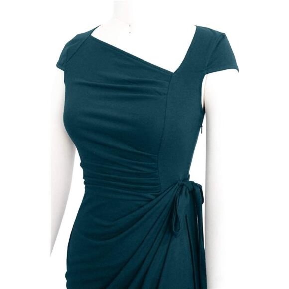 Women's Vintage Cap Sleeves Pencil Faux Wrap Dresses Teal - Picture 4 of 4
